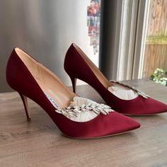 Bought In 2021 Directly From Manolo Blahnik And Worn 3 Times. Always Stored In The Dust Bags And Shoe Box. Satin Upper, Jewels, And Heels Are In Excellent Condition. Only Sign Of Wear Is On The Bottom (See Pictures). Manolo Blahnik Red Heels, Vintage Manolo Blahnik Shoes, Purple Manolo Blahnik, Vintage Manolo Blahnik Mules, Manolo Blahnik Vintage Heels, Shoe Box, Manolo Blahnik, Shoes Women Heels, Dust Bag