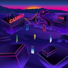 an image of a neon poster with people in front of some buildings and the words casino on it