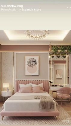 a pink and white bedroom with a chandelier hanging from the ceiling above it