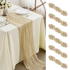 the table is set with white plates and napkins, along with several pieces of rope