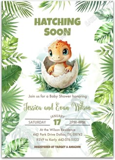 a baby shower is shown with the name hatching soon on it's back