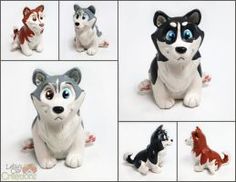 several different pictures of husky dogs with blue eyes and black nose, sitting in front of white background