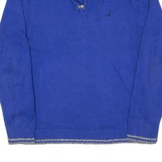 Item is in good used condition. Age 14-16. >Size: L >Armpit To Armpit: 19" >Armpit To Cuff: 16" >Collar To Hem: 24" Casual Blue Polo Sweater For Winter, Blue Knit Polo Sweater With Ribbed Collar, Blue Polo Sweater For Winter, Blue Winter Polo Sweater, Blue Knit Sweater With Ribbed Collar, Casual Blue Polo Sweater, Casual Blue Knitted Polo Sweater, Blue Casual Knit Sweater, 1/4 Zip