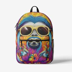 Emerald Blossoms - Retro Colorful Cool Sloth Wears Glasses Backpack Introducing Emerald Blossoms Classic Full Color Print Trendy Backpack, where classic meets vibrancy in a kaleidoscope of color. This backpack is more than just a fashion statement; it's a picture of nostalgia and style. Featuring the iconic Cool Sloth Wears Glasses design, inspired by psychedelic art and crafted for the free-spirited hippie in you. Carry your essentials in quirky sophistication and embrace the fusion of classic charm and contemporary cool. ORGANIZATION MADE EASY – Simple design & convenient, 2 large spacious compartments with an internal 15” laptop sleeve, zippered front mesh & utility pocket & a side water bottle holder RELIABLE & COMFORTABLE BACKPACK – The Big Campus is constructed with durable fabric, z Summer Adjustable Backpack, Multicolor Summer School Backpack, Fun Multicolor Backpack For Travel, Multicolor School Backpack For Summer, Fun Multicolor Standard Backpack, Adjustable Multicolor Backpack For School, Adjustable Multicolor School Backpack, Casual Multicolor Summer Backpack, Trendy Multicolor Softback Backpack