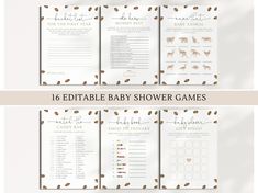 six baby shower games with brown and white designs