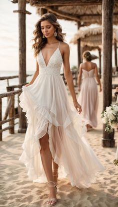 a woman in a white dress walking on the beach with two other women behind her