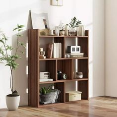 a bookshelf with plants and pictures on the top shelf in a living room