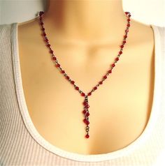 Sexy Red Beaded Necklace - Ruby Red Crystals Choker Lariat Necklace Red Necklace Outfit, Lariat Necklace Diy, Hoco Jewelry, Beaded Lariat Necklace, Beaded Dangle Necklace, Red Beaded Necklace, Red Crystal Necklace, Necklace Ruby, Red Beaded Necklaces