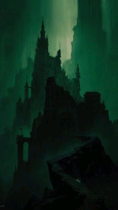 an image of a castle in the dark with green light coming from it's windows