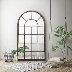 a room with a mirror, potted plants and a rug