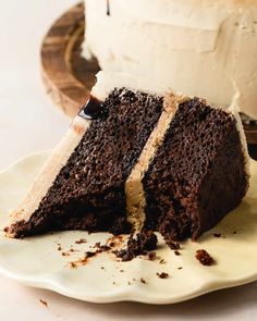 a slice of chocolate cake with white frosting on a plate