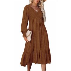 Brown Polka Dot Pleated V Neck Long Sleeve Dress Casual Long Sleeve Polka Dot Midi Dress, Fall V-neck Polka Dot Midi Dress, Fall Polka Dot V-neck Midi Dress, V Neck Long Sleeve Dress, Brown Polka Dots, Midi Dresses, Women Dresses, Sleeve Dress, Dresses Midi