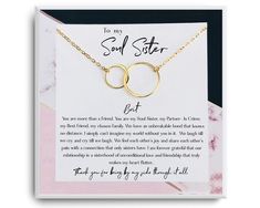 "Soul Sister necklace Card - Soul Sister Jewelry - Unbiological Sister - Long distance Friend - Best Friend Gift - Interlocking gold, silver ♥ The Meaning: The Interlocking circle charm is a symbol of connection, a traditional love symbol that celebrates your eternal bond. A beautiful necklace to symbolize your love and appreciation for your soul sister ♥ Unique Gift: This custom necklace has a beautiful sweet sentiment on it. Honor the infinite connection between you and your soul sister. A spe Meaningful Gold Jewelry For Friendship, Gold Necklaces For Best Friend Gift On Mother's Day, Gold Necklace For Best Friend Mother's Day Gift, Gold Jewelry With Lobster Clasp For Birthday, Gold Necklaces For Friendship And Mother's Day, Gold Necklaces For Mother's Day And Friendship, Gold Jewelry For Friendship On Mother's Day, Gold Jewelry With Adjustable Chain For Best Friend, Mother's Day Clavicle Chain Jewelry For Best Friend