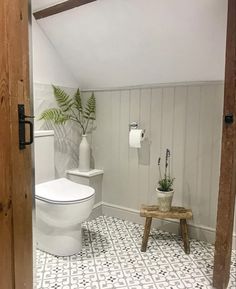 a white toilet sitting inside of a bathroom next to a wooden door and plant on the floor