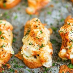 four pieces of chicken covered in cheese and parmesan sprinkled with herbs