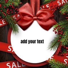 a red ribbon and bow on top of a wooden background with christmas ribbons around it