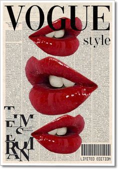 three red lips on top of each other with the word,'voque style '