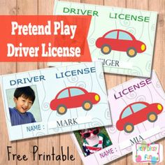 three driver license cards with the name and image of a child's car on them