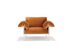 an orange chair with two wings on the back and one arm extended to the side