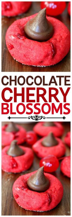 chocolate cherry blossom cookies on a wooden table with the words chocolate cherry blossoms above them