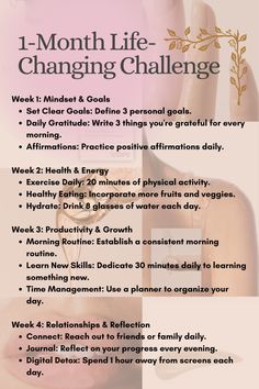 Ready to transform your life in just one month? 🌟 Follow this weekly challenge guide to improve your mindset, health, productivity, and relationships. Simple, actionable steps each week to make lasting changes! Start your journey to a better you today! 💪✨ 1 Month Challenge Life, Dissapear For 1 Month, 1 Month Disappear Challenge, Self Care Activities, 1 Month, Transform Your Life