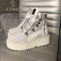 Never Been Worn! White And Grey Platform Boots. Size Us 5 Fits 6.5-7 In Women's Modern White Boots For Streetwear, White Lug Sole Boots For Streetwear, Modern White Low-top Boots, Modern White High-top Boots, White High-top Suede Boots, Trendy White Boots With Laces, White Low-top Boots For Streetwear, White Low-top Platform Boots, Sporty White Leather Boots