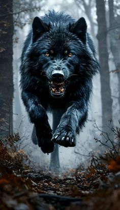 a black wolf is running through the woods with its mouth open and claws out,