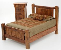 a wooden bed with two nightstands and a blanket on top of it, in front of a white background