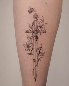 Dark Feminine Tattoo Aesthetic, Dagar Tattoo, Sward Flower Tattoo, Dagger With Vines Tattoo, Acotar Dagger Tattoo, Knife With Rose Tattoo, Dagger Sternum Tattoo Women, Forearm Dagger Tattoo, Dagger And Flower Tattoo