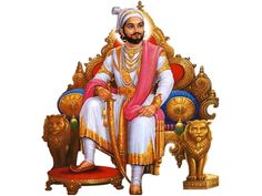 a man sitting on top of a golden throne next to two lions in front of him