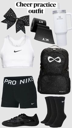 the nike cheer practice outfit is shown with black and white accessories, including a backpack, sneakers