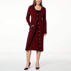 G by Giuliana Black Label Long V-Neck Duster Cardigan  Long and open to reveal the outfit underneath, this button-up duster-length cardigan keeps the look understated so that YOU are what shines - and the thick, sweater yarn knit keeps you warm and toasty. Elegant Red V-neck Cardigan, Chic V-neck Sweater Coat For Daywear, Chic V-neck Sweater Coat For Layering, Red V-neck Cardigan For Work, Chic V-neck Sweater Coat For Workwear, Fall V-neck Sweater Coat For Work, Chic Red V-neck Outerwear, Red V-neck Outerwear With Button Closure, Red Fitted Cardigan With Button Closure