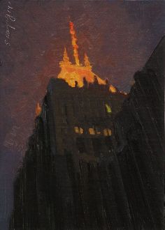 a painting of a building lit up in the night sky with orange light coming from it