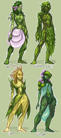 four different types of alien like creatures in various poses and sizes, each with their own name