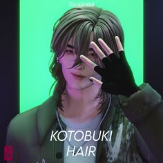 an animated image of a man holding his hand up to his face with the words kotobuki hair on it