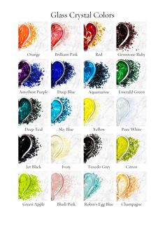 the different colors of glass crystals are shown in this poster, which is also available for purchase