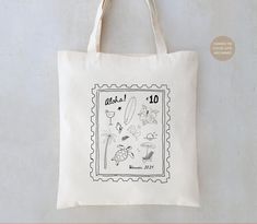 a tote bag with stamps on the front and bottom that says,'order 10 '