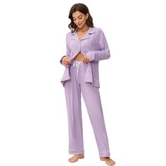 PRICES MAY VARY. 💕【INDULGENTLY SOFT AND STRETCHY】: Experience the ultimate comfort with our 2-piece Long Sleeve pajama sets crafted from a luxuriously lightweight, soft, and highly stretchy ribbed fabric that caresses your skin with a heavenly touch. 💕 【ELEGANTLY DESIGNED】: Elevate your Sleepwear with our comfort pajama set featuring a classic lapel and button top, delicate cuffs, hem, ankle stripe design, practical pockets, and an adjustable waist rope. To ensure long-lasting wear, we reinfor Purple Cotton Sleepwear For Loungewear, Stretch Cotton Sleepwear In Purple, Purple Cotton Sleepwear For Relaxation, Purple Long Sleeve Sleepwear, Purple Relaxed Fit Long Sleeve Sleepwear, Staying Active, Soft Pajamas, Button Top, Womens Pyjama Sets