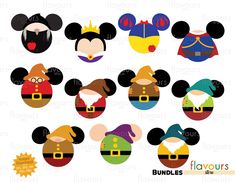 mickey mouse heads with different costumes for each disney character, including ears and headbands