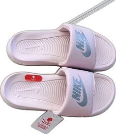 Casual Silver Slip-on Slides, Casual Silver Slides With Round Toe, Silver Casual Slides With Cushioned Footbed, Casual Silver Slides With Cushioned Footbed, Pilates Shoes, Nike Benassi Duo, Gs Logo, Nike Slippers, Pool Sandals