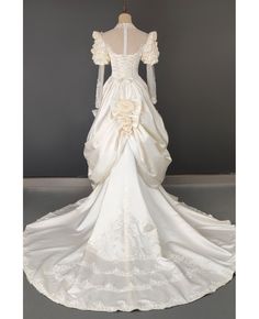 Buy vintage champagne satin ruffled wedding dress with bubble long sleeves at wholesale price online. Free shipping and pro custom service since 2009. 1840s Wedding Dress, 1900s Wedding Dress, Rococo Wedding Dress, 18th Century Wedding Dress, Siren Wedding Dress, Vintage Wedding Dress 1950s 1940s, Vintage Wedding Dress 1940s, Wedding Dress Runway, Vintage Wedding Dress 1970s