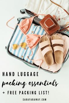 an open suitcase with clothes and shoes on it, text reads hand luggage packing essentials + free packing list