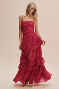 BHLDN Thalia Printed Ruched Square-Neck Ruffle Chiffon Gown | Anthropologie Black Wedding Guest Dresses, Eden Dress, 2023 Prom, Prom Inspo, Best Wedding Guest Dresses, Fall Wedding Guest Dress, Tiered Ruffle Skirt, Prom Ideas