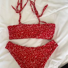 Never Worn. Sooo Cute From Shein But Great Quality Red Bandeau Swimwear For Sunbathing, Red Bandeau Swimwear For Summer, Red Bandeau Swimwear For Beach, Casual Red Halter Neck Swimwear, Casual Red Swimwear For Holiday, Red Floral, Womens Swim, Floral, Red