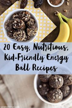 some nuts and bananas are on a table with the words 20 easy nutritious kid - friendly energy ball recipes