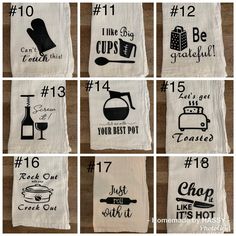 six tea towels with different sayings on them, each one has a kitchen utensil