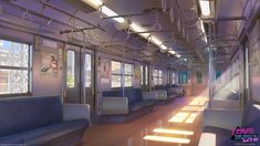 the inside of a train with lots of windows and blue seats on each side,