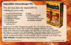 an advertisement for the impossible cheeseburger pie is shown in this advertment