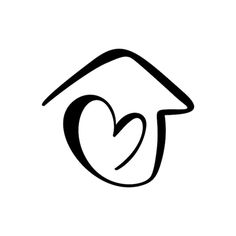 a black and white image of a house with a heart in the center, on a white background