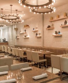 an empty restaurant with tables and white chairs